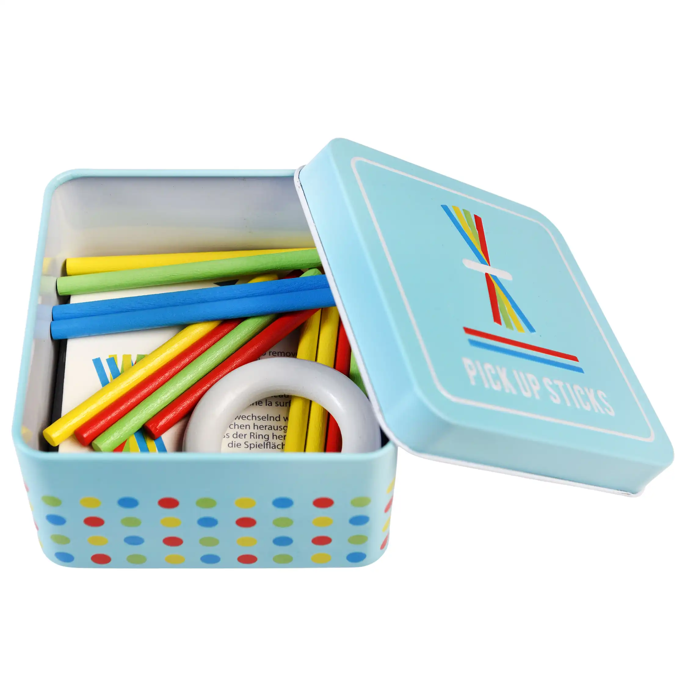 wooden pick up sticks in a tin