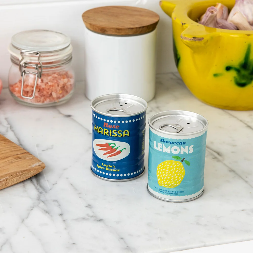 tin salt and pepper shakers - lemons and harissa 