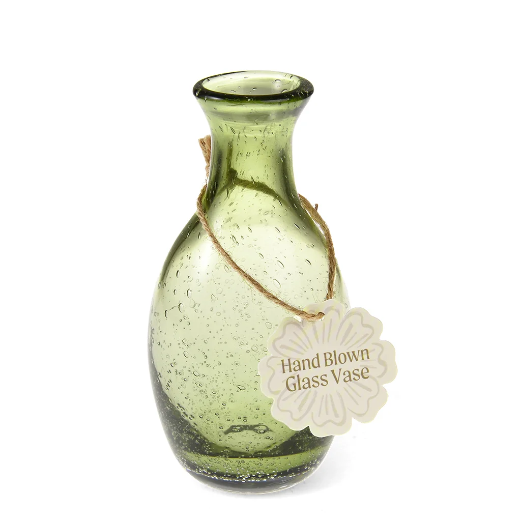vase en verre bullé soufflé à la main (14 cm) - vert olive
