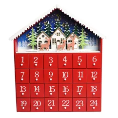 calendrier de l'avent en bois avec éclairage led - maison rouge