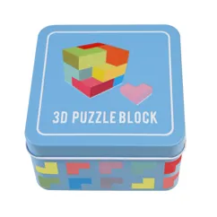 wooden 3d puzzle in a tin