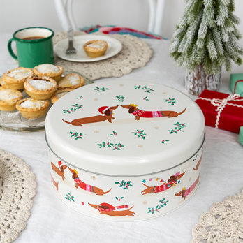cake storage tin - festive sausage dog
