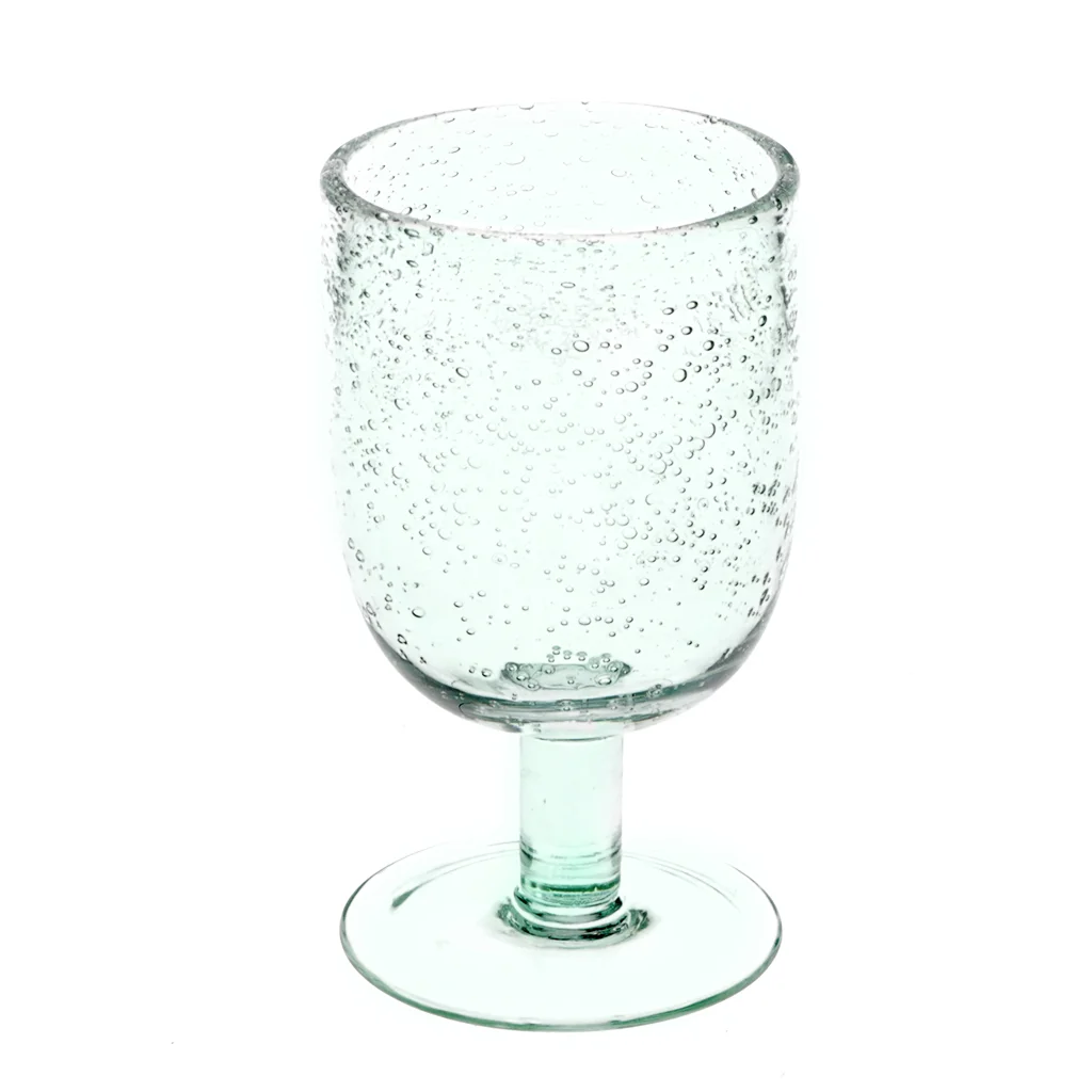 copa de vidrio soplado a mano con burbujas y tallo - azul