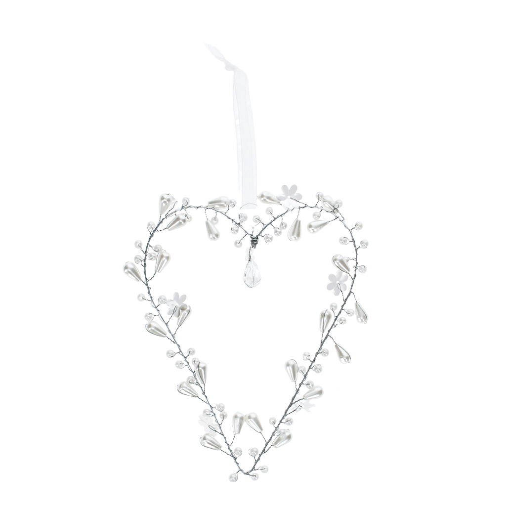 handmade beaded heart decoration (9x12cm) - white