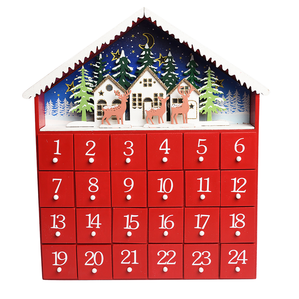 adventskalender aus holz mit led lichtern - rotes haus