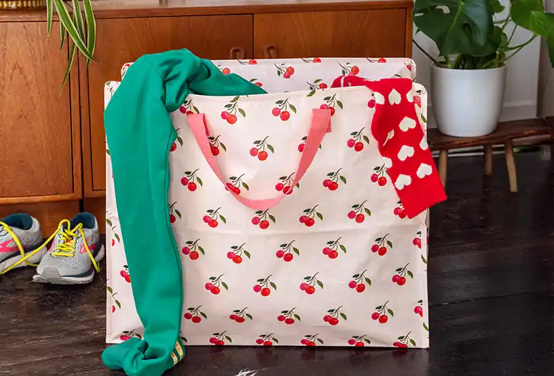 Large reusable bag with a cherry pattern