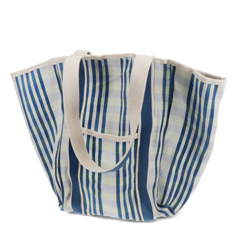 recycled woven tote bag with canvas handles - white and blue