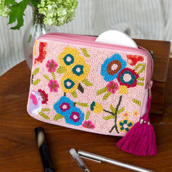 trousse de maquillage perlée artisanale - flowers