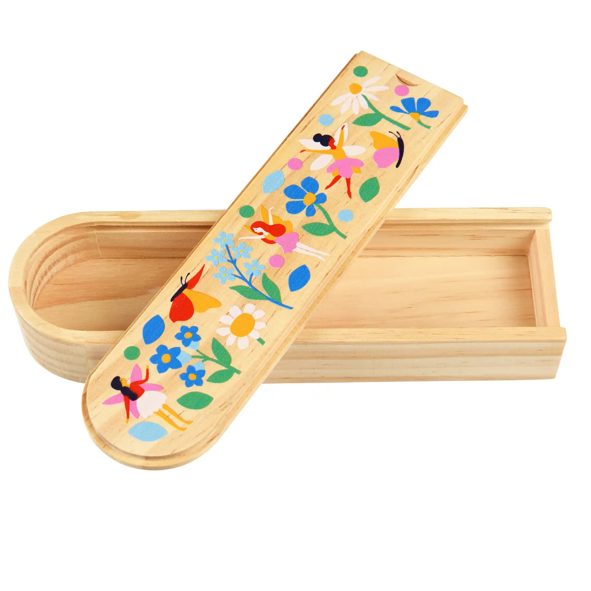 wooden pencil case - fairies in the garden