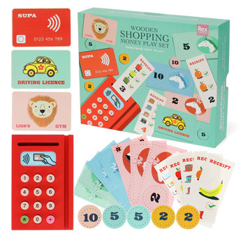 wooden shopping money play set