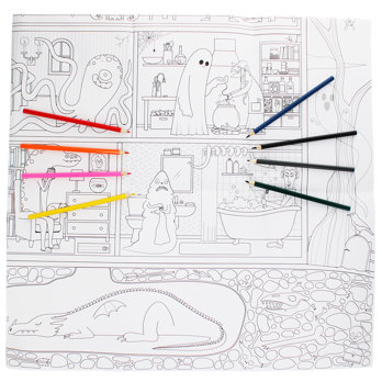 large colouring poster with pencils - haunted house