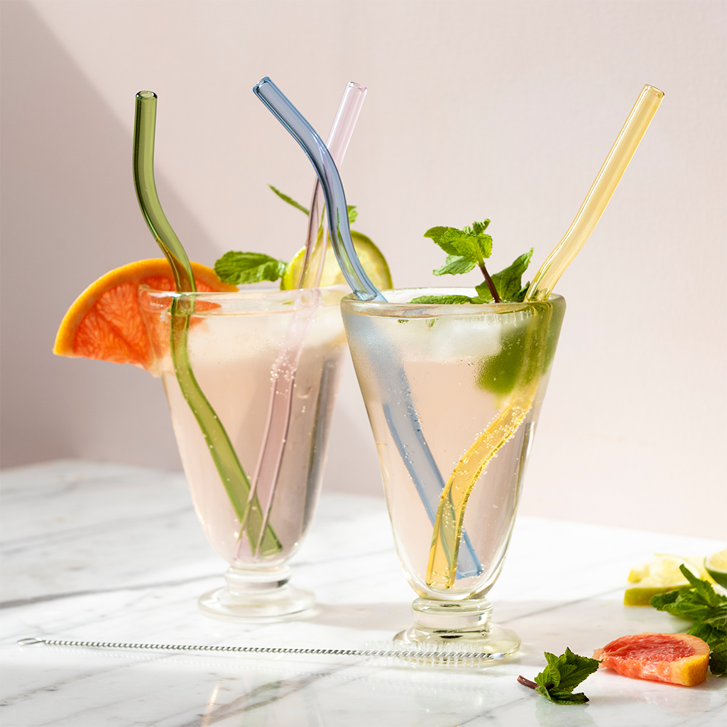 glass straws with cleaning brush (set of 4) - wiggly (multi-colour)