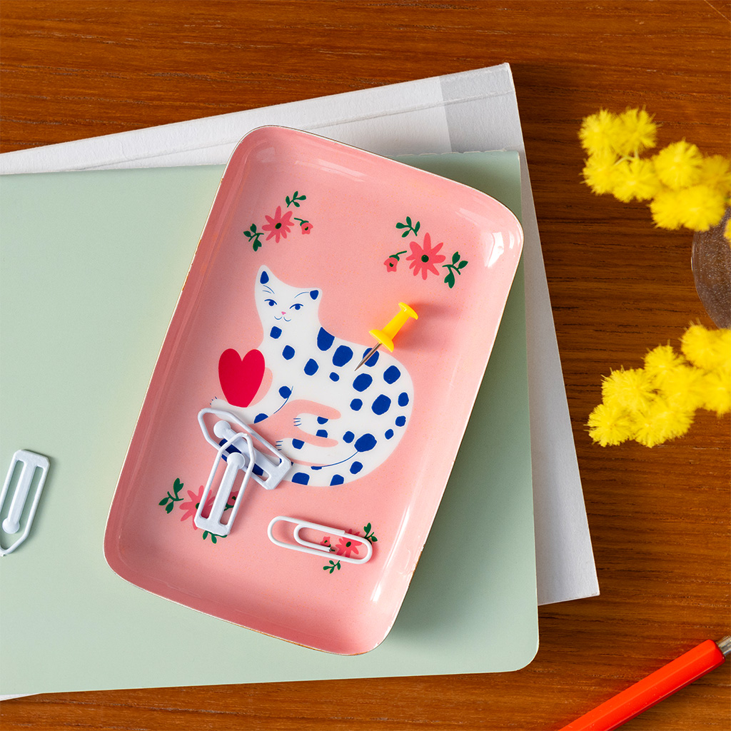 mini rectangular enamel trinket tray - spotty cat