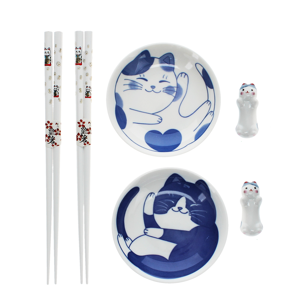 chopsticks, rests and dipping bowls set - cat