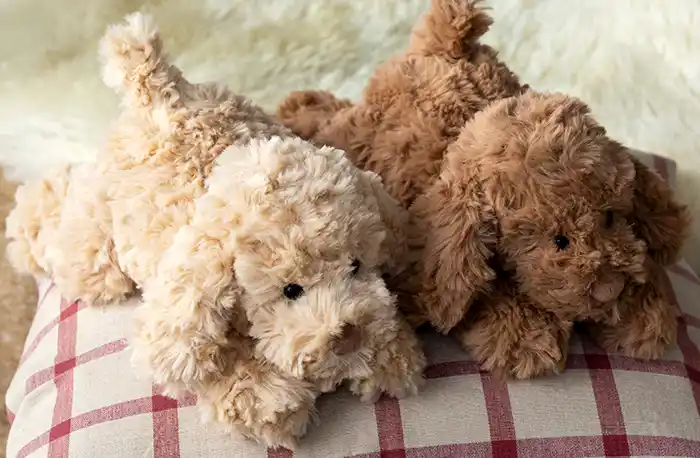 Two soft plush toy dogs, one cream and one brown, sitting on a plaid cushion.