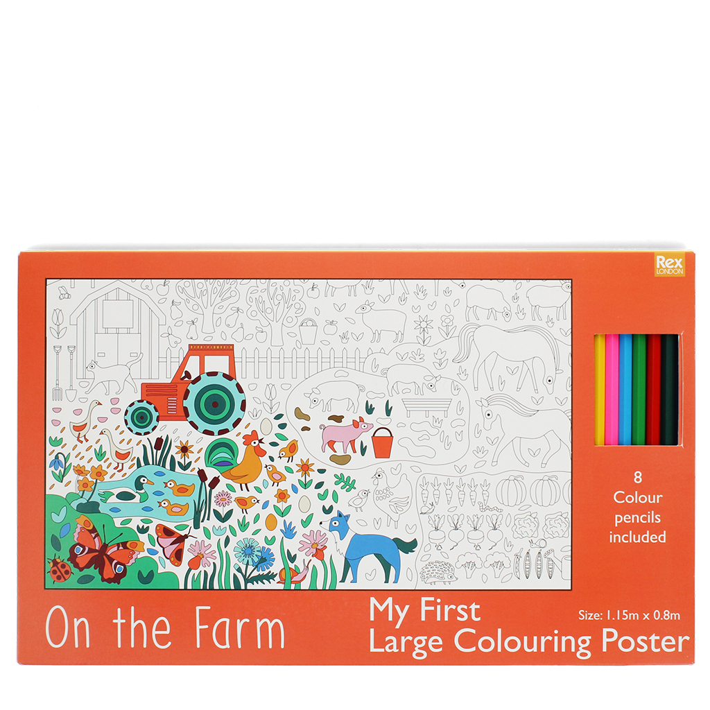 large colouring poster with pencils - on the farm