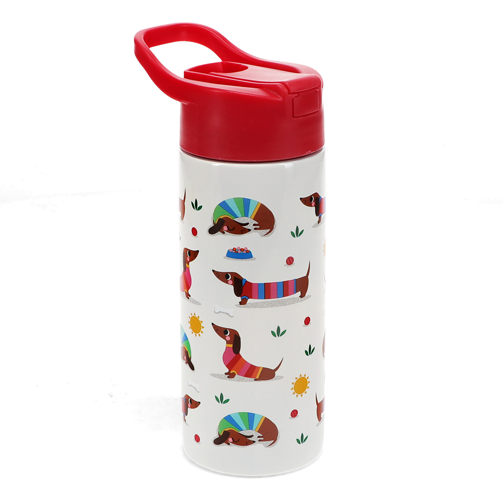 stainless steel bottle with push button lid 500ml - sunny sausage dog