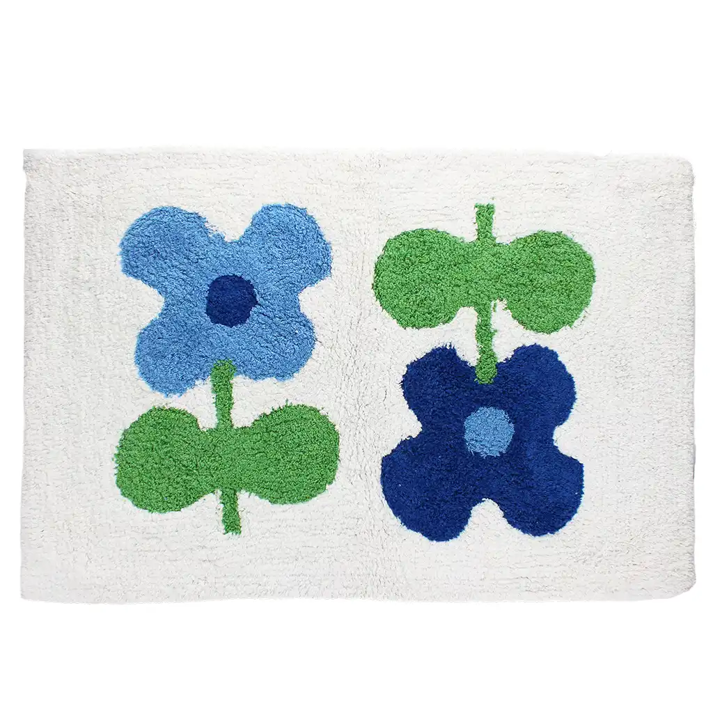 alfombra de baño de algodón de nudo - flores azules