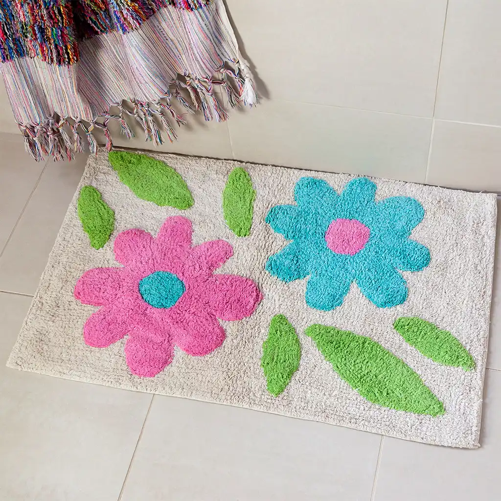 alfombra de baño de algodón de nudo - flores verdes y rosas