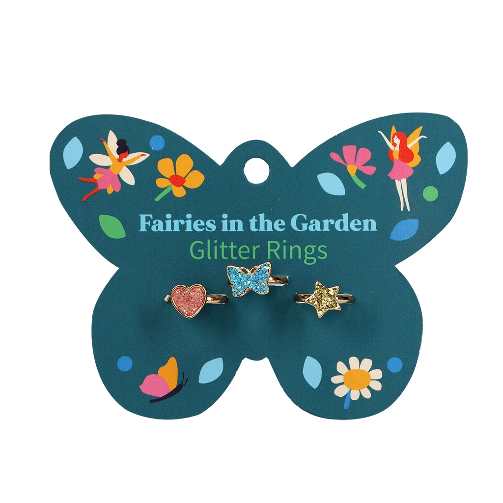 conjunto de tres anillos de purpurina - fairies in the garden