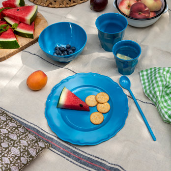 Petro blue melamine set including a round plate, a bowl, a cup and a spoon.