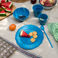 Petro blue melamine set including a round plate, a bowl, a cup and a spoon.