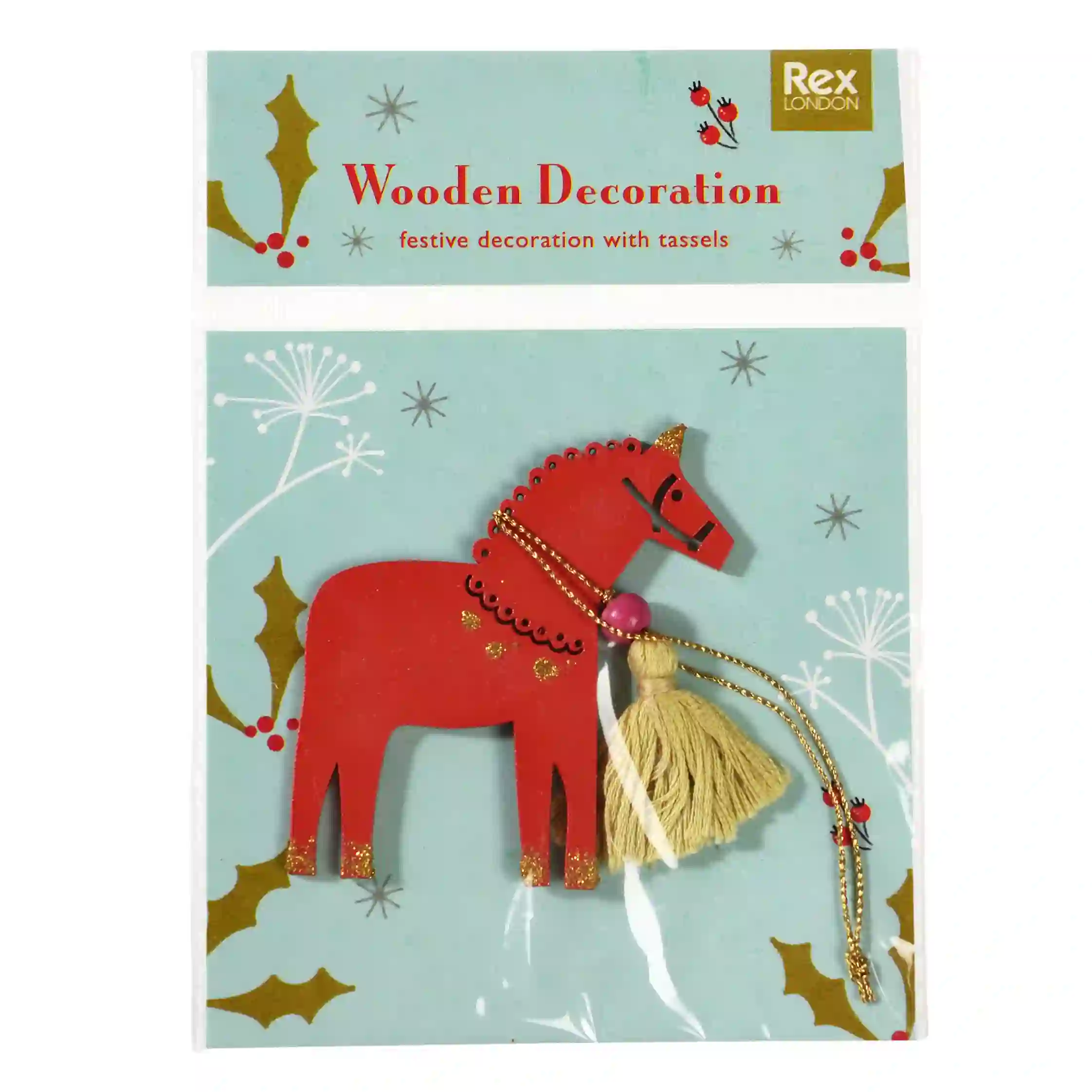 decoración navideña caballo madera en rojo