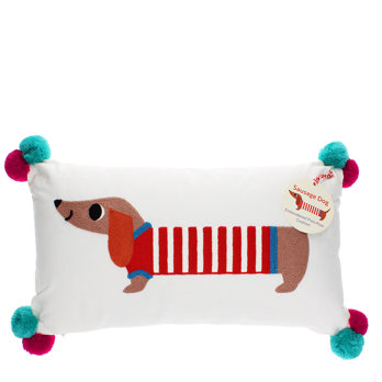 embroidered cushion with pom poms - sausage dog