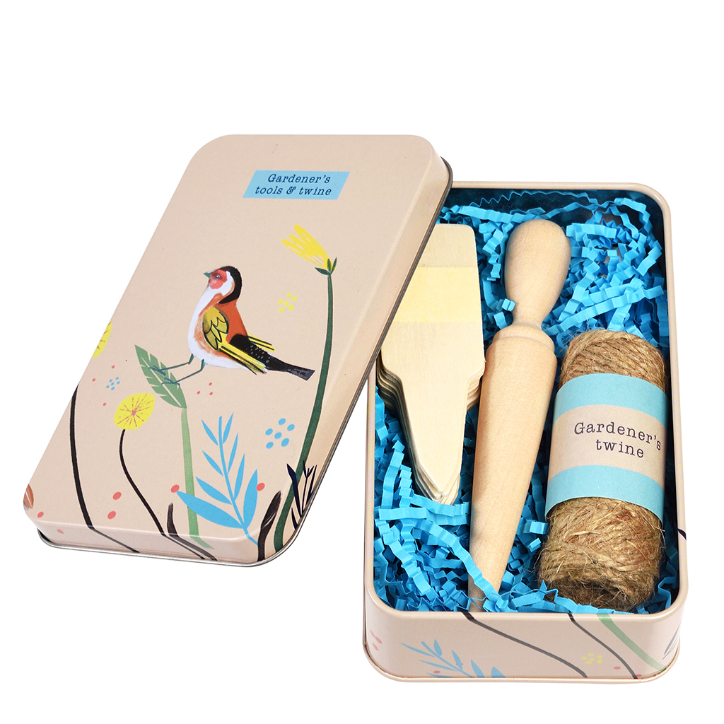 gardener's tools and twine in a tin - your garden