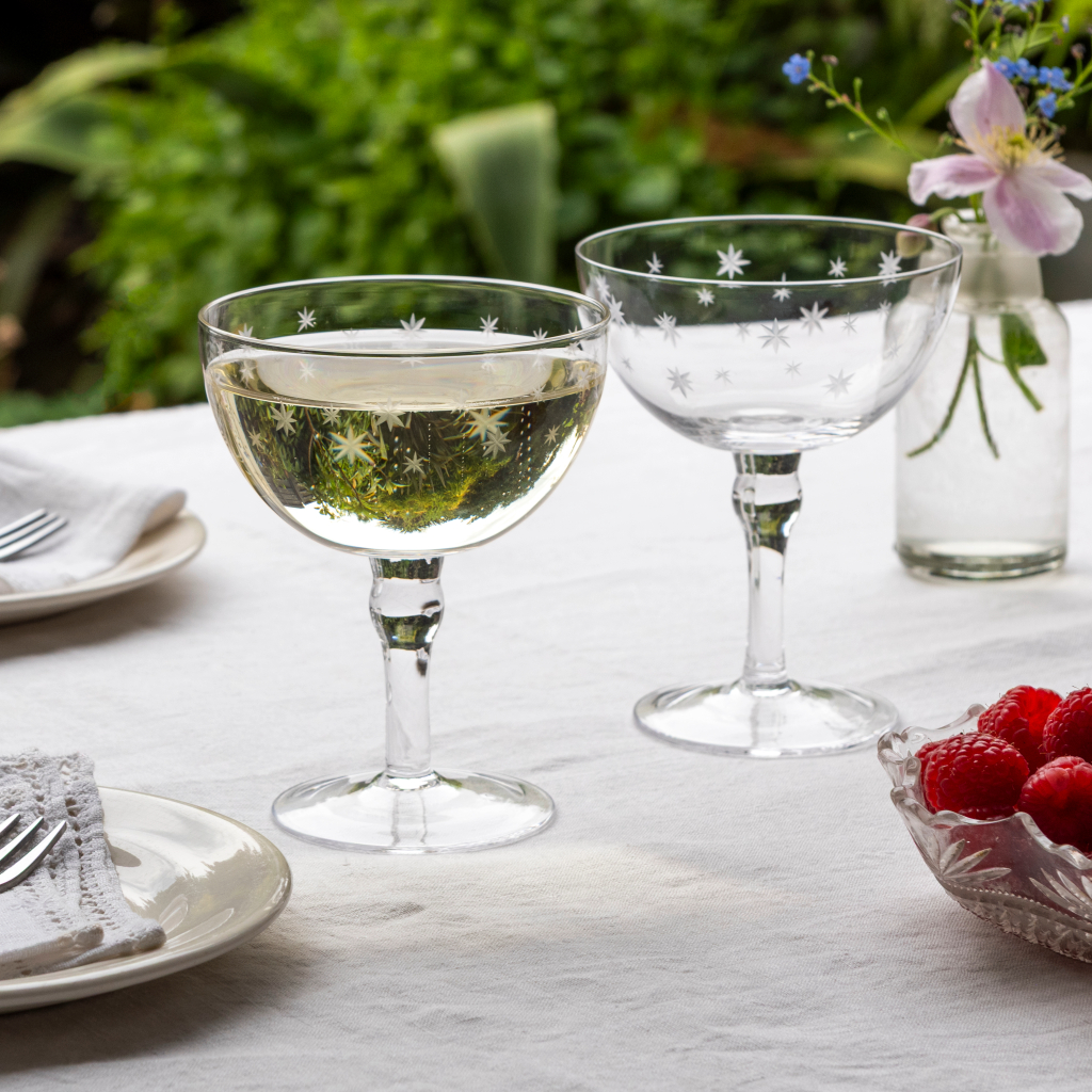 etched star coupe cocktail glasses 200ml (set of 2) - clear