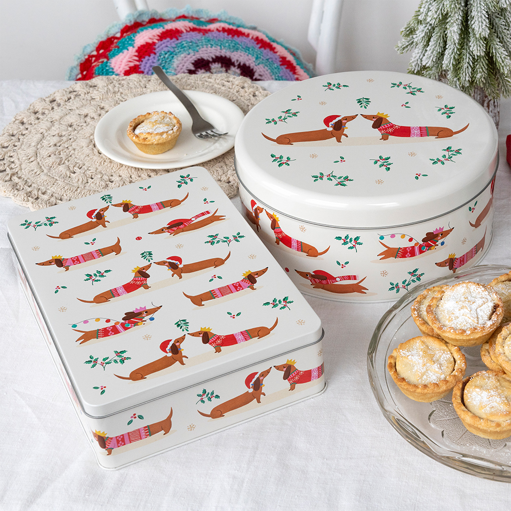 mince pie storage tin - festive sausage dog