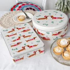 mince pie storage tin - festive sausage dog mince pie storage tin - festive sausage dog