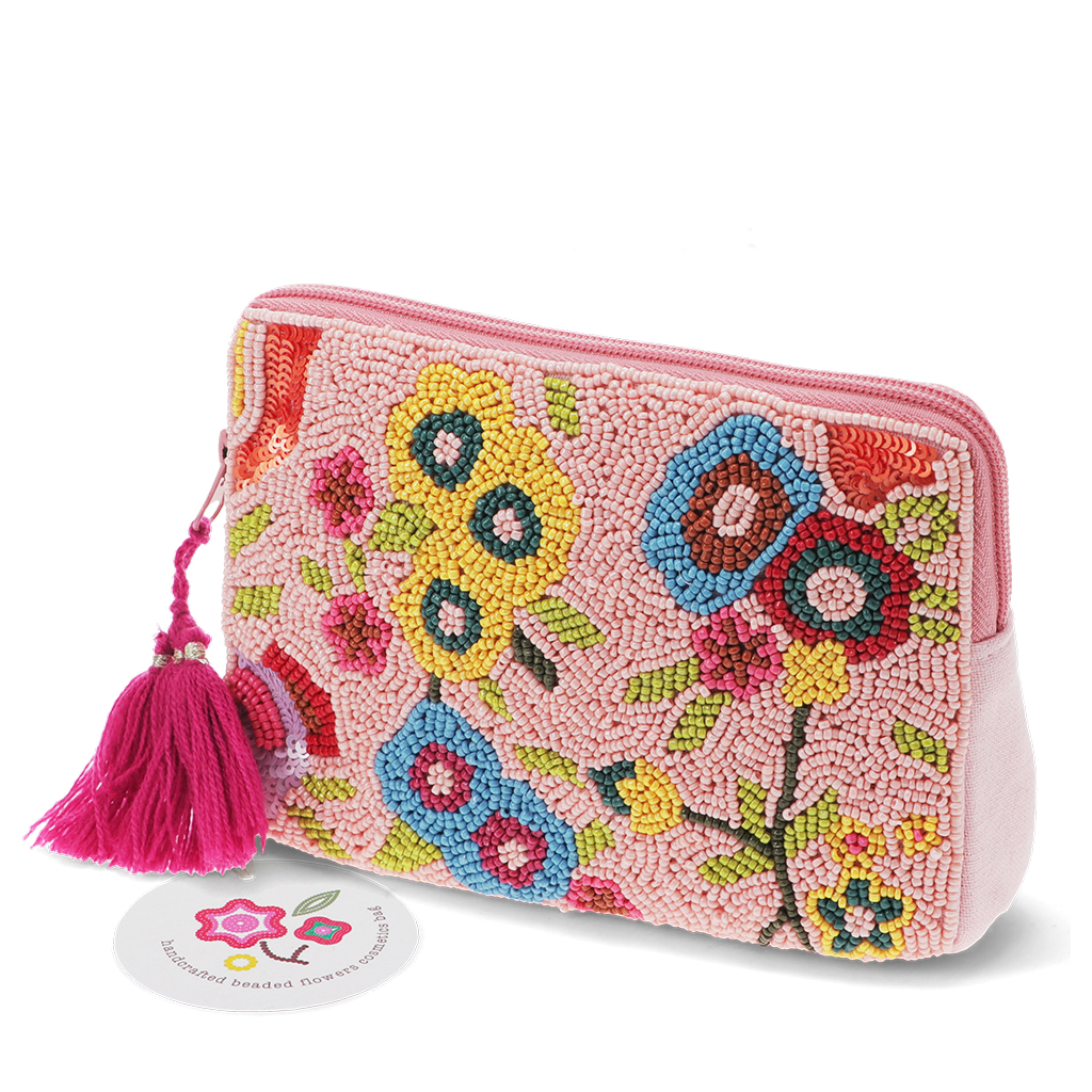 handcrafted beaded makeup bag - flowers