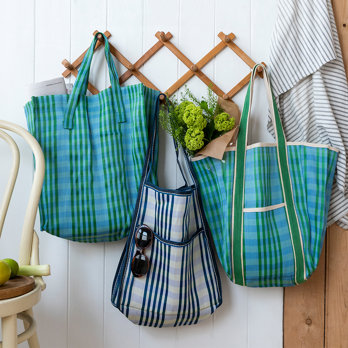recycled woven tote bag with canvas handles - blue and green