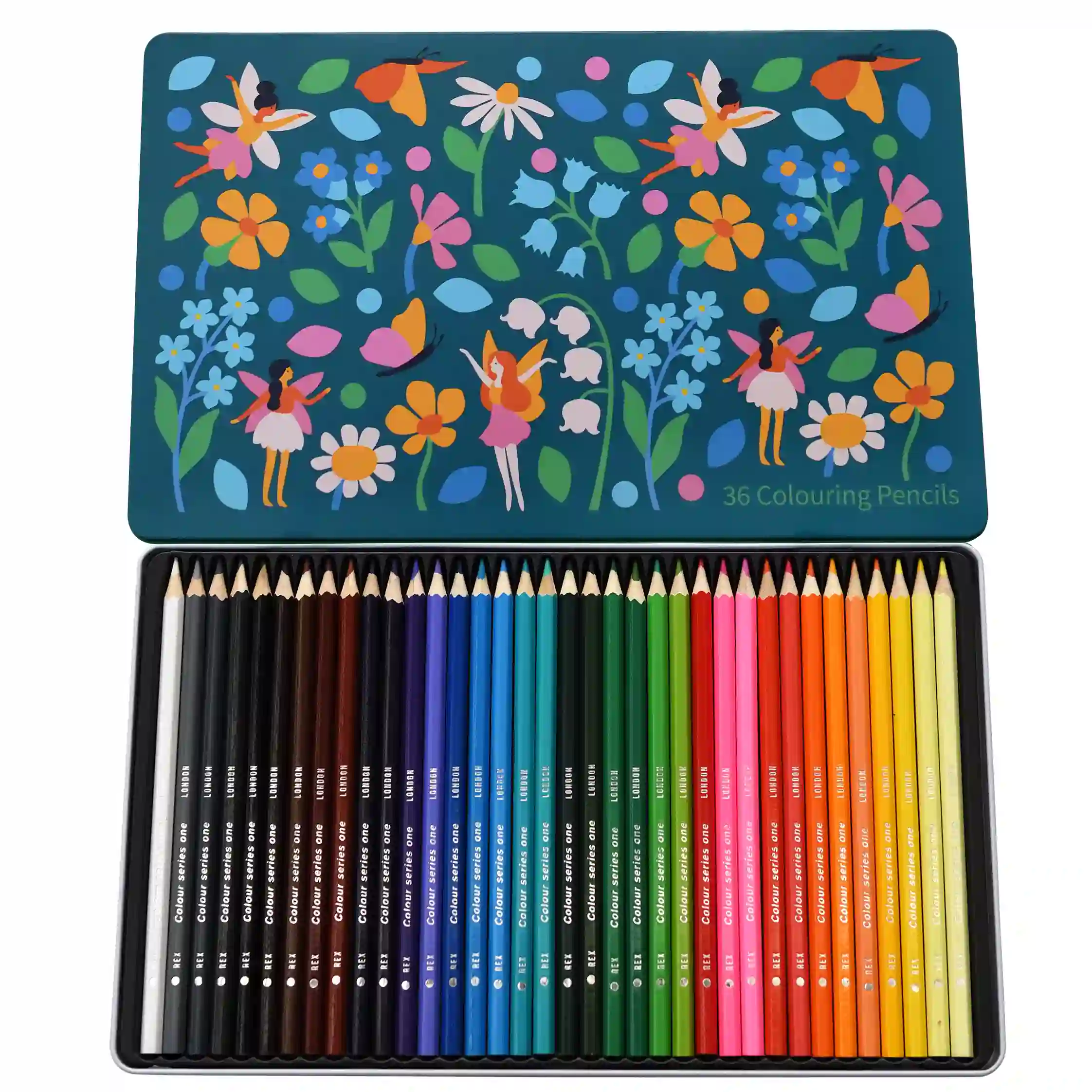 36 colouring pencils in a tin - fairies in the garden