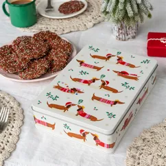 mince pie storage tin - festive sausage dog mince pie storage tin - festive sausage dog