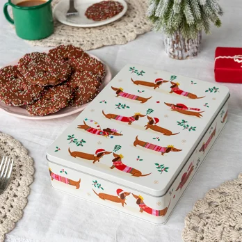 mince pie storage tin - festive sausage dog mince pie storage tin - festive sausage dog