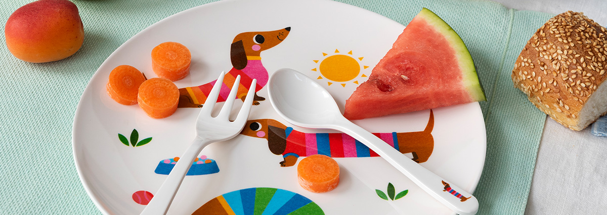 sunny sausage dog design melamine plate and cutlery