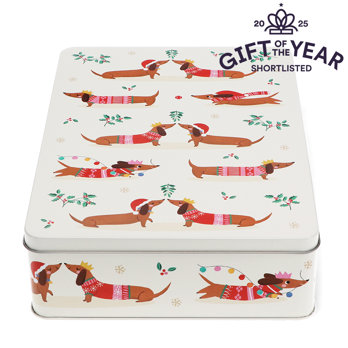 mince pie storage tin - festive sausage dog