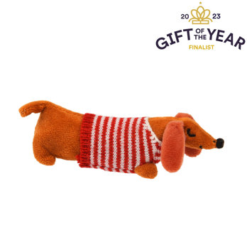 mini sausage dog in a little box