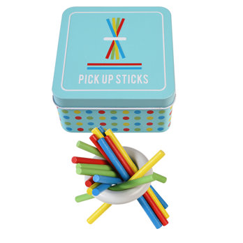 wooden pick up sticks in a tin
