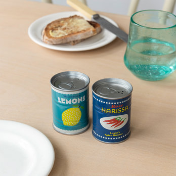 tin salt and pepper shakers - lemons and harissa 