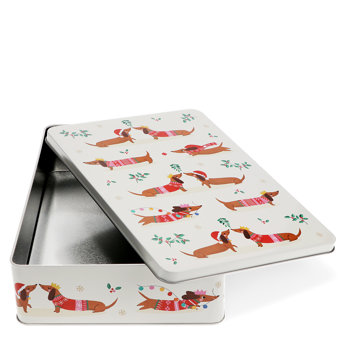 mince pie storage tin - festive sausage dog