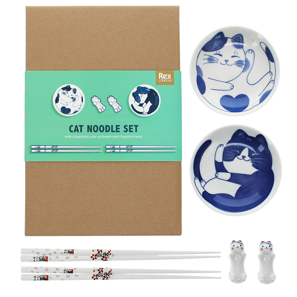 chopsticks, rests and dipping bowls set - cat