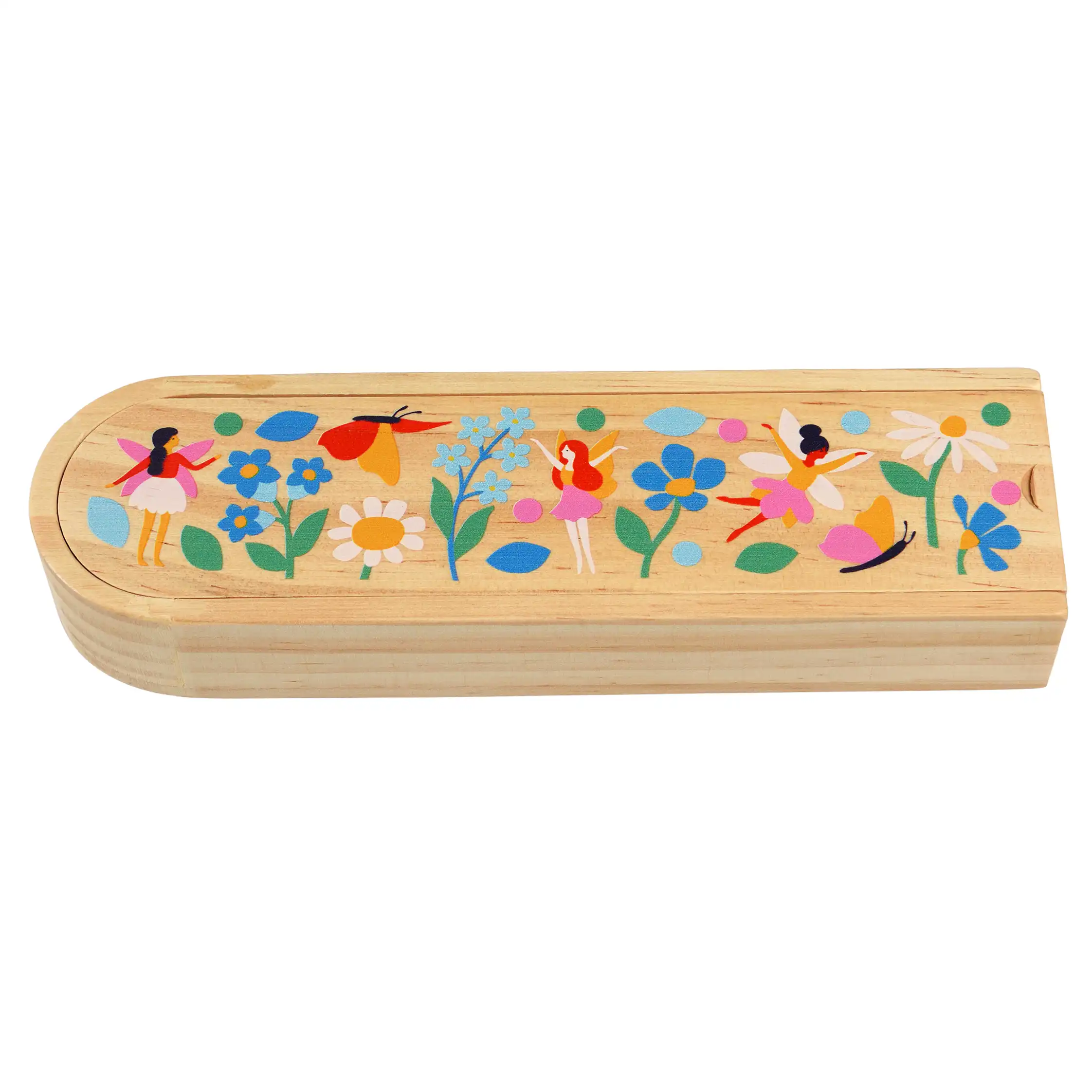 wooden pencil case - fairies in the garden