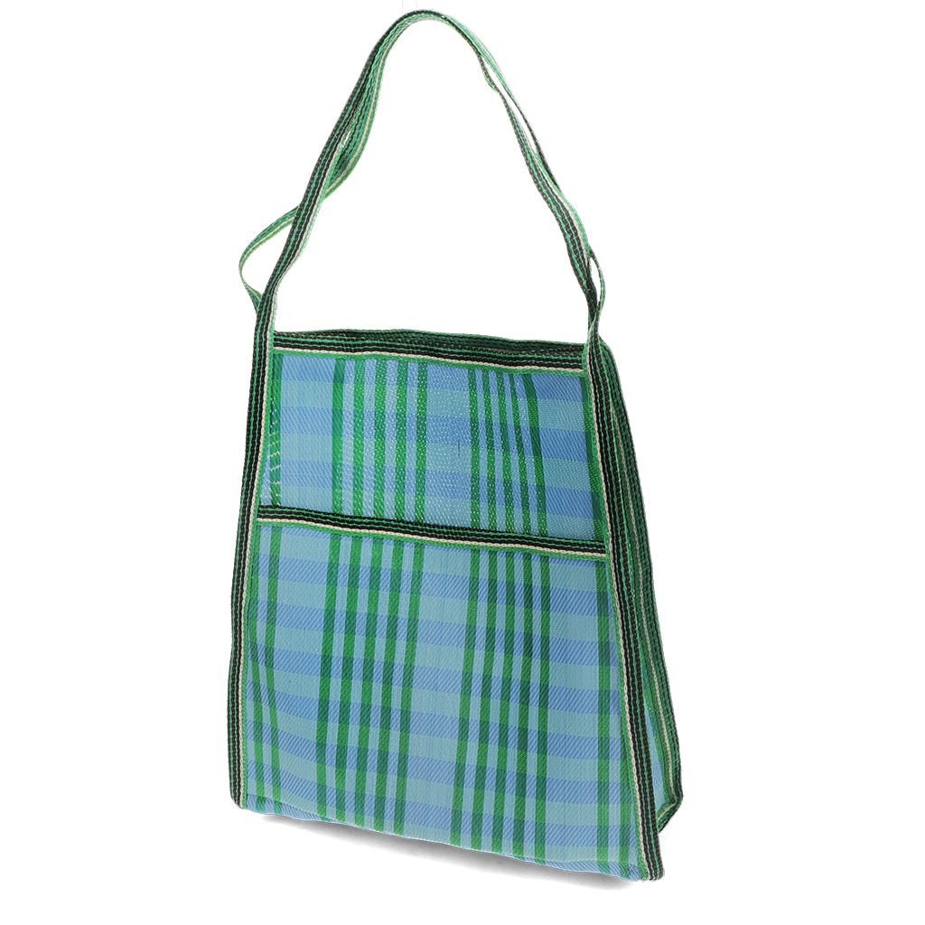 recycled woven bag with side pocket - blue and green