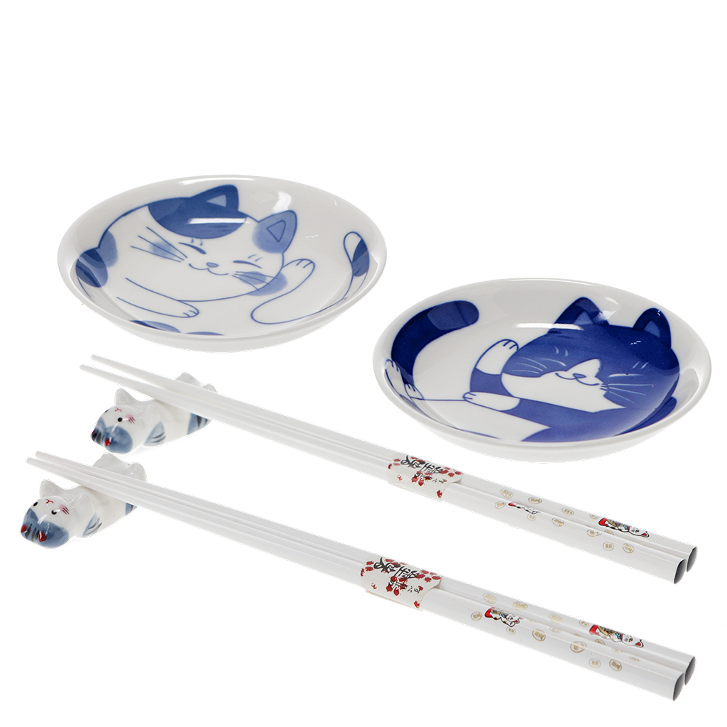 chopsticks, rests and dipping bowls set - cat