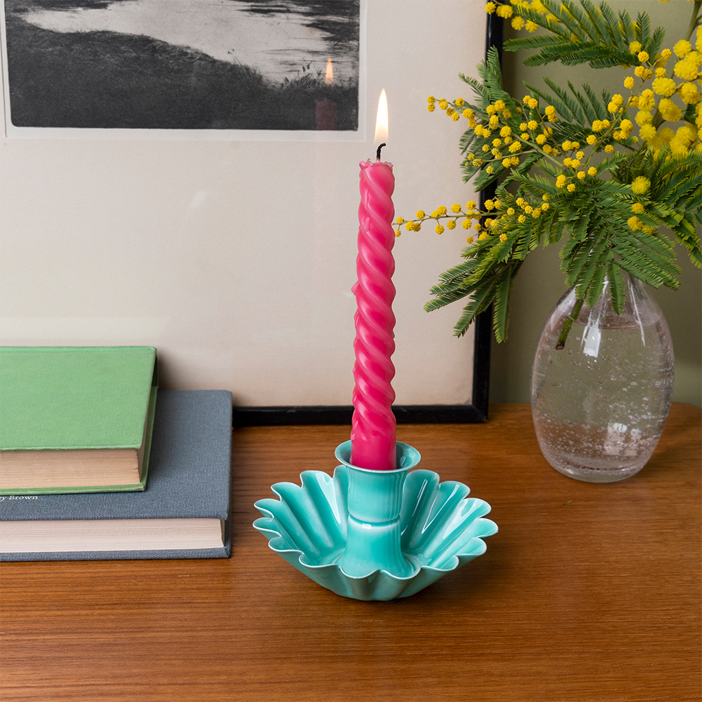 enamel cupped flower candle holder - aqua