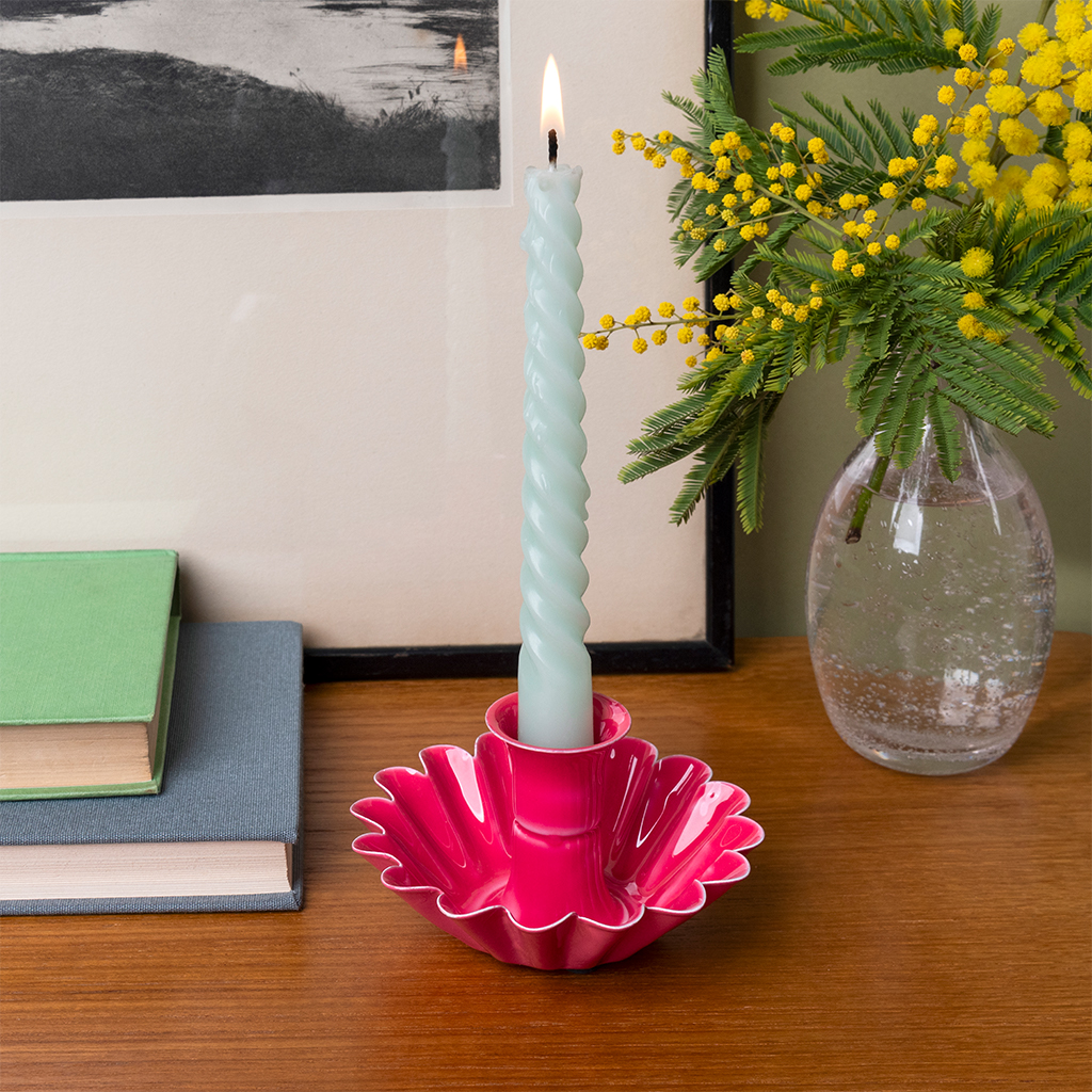 enamel cupped flower candle holder - vibrant pink