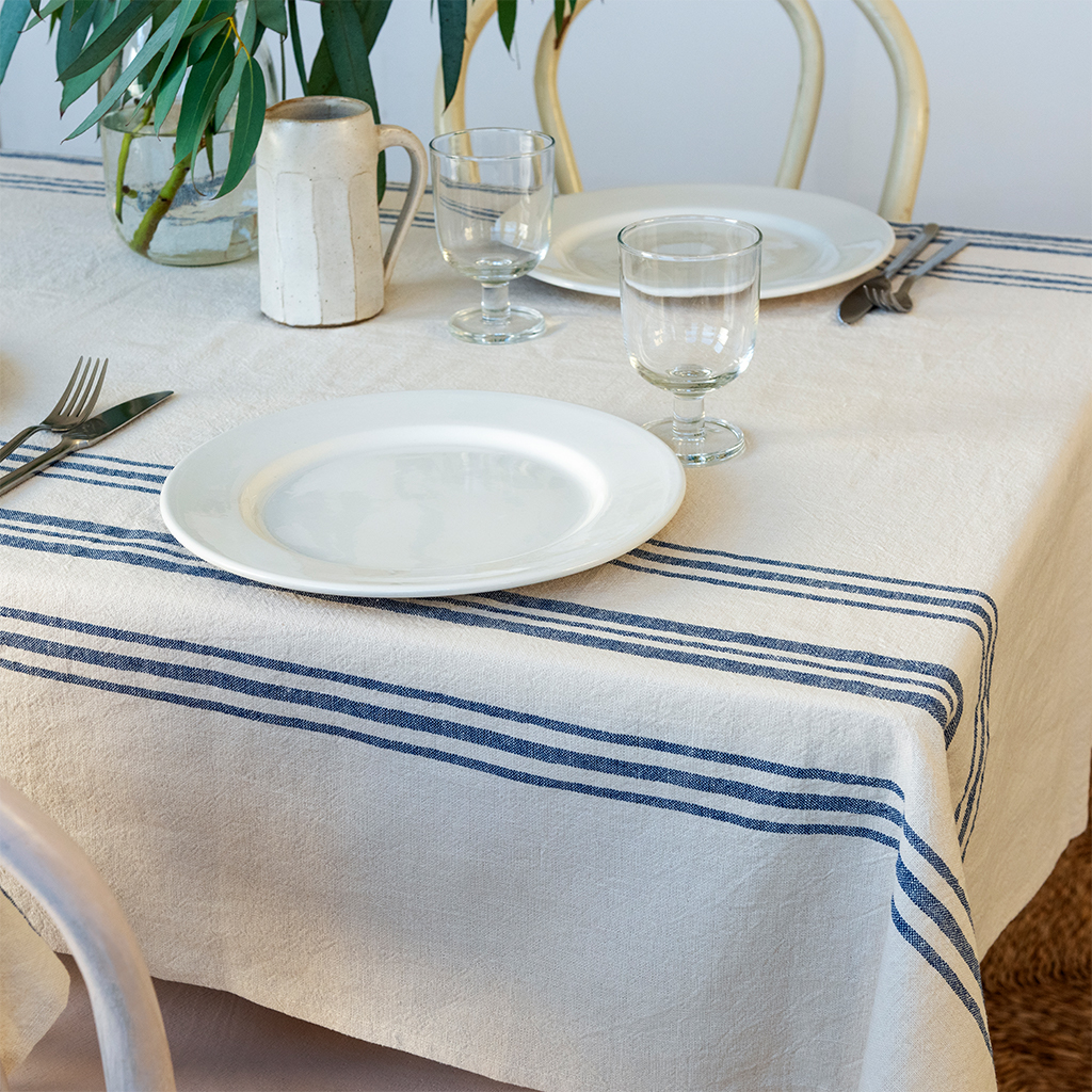 pure belgian linen tablecloth (120 x 180cm) - blue stripe
